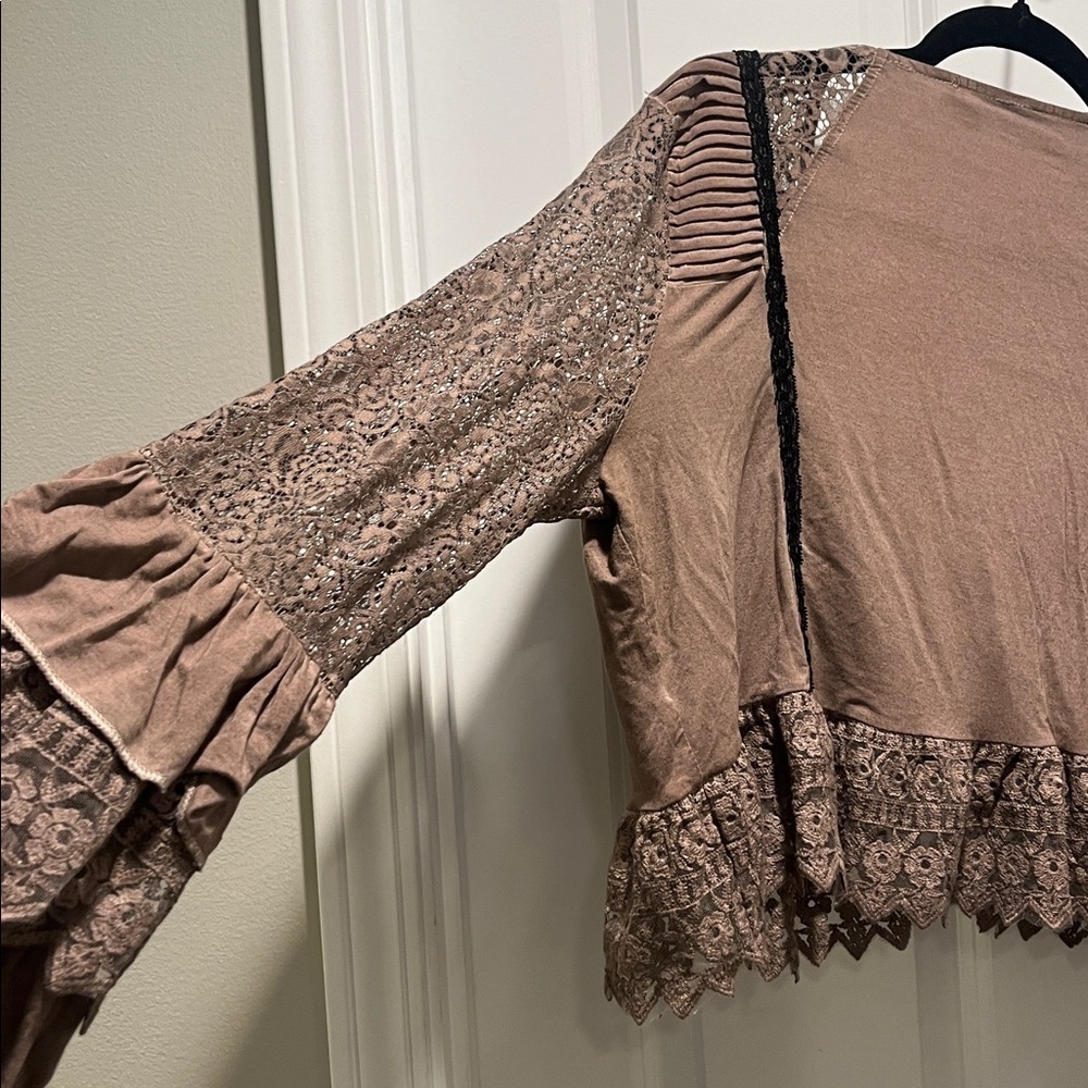 POL romantic lace bell sleeves bolero top chocolate brown ruffles - Picture 9 of 10